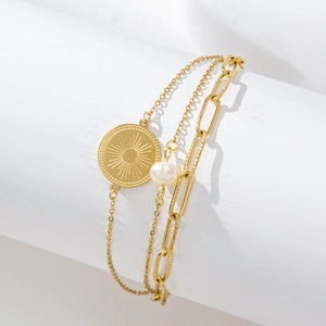 Bracelet double rang plaqué or 14K avec pendentif soleil et perle blanche élégante