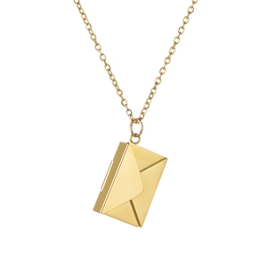 Polished gold envelope pendant necklace with dainty link chain on white background