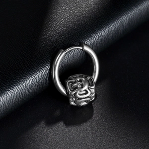 Silver geometric stainless steel hoop earrings with vintage engraved cylinder pendant