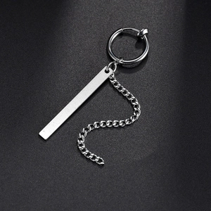 Silver geometric stainless steel long cylindrical stud earrings with chain detail