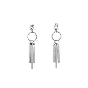Silver stainless steel geometric earrings with triple cylindrical dangle pendants