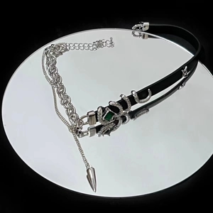 Punk leather choker with silver dragon accent, green gemstone eye and cone pendant
