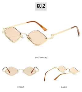 Detailed views of geometric diamond-shaped sunglasses with orange lenses and gold metal frame
