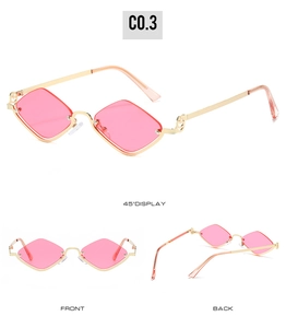 Detail view of pink diamond-shaped rimless lenses with slim golden metal temples
