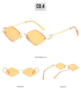 Three-angle views of rimless diamond-shaped orange sunglasses with golden metal frames