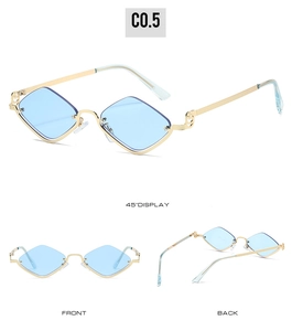 Macro detail of diamond-shaped sunglasses with light blue lenses and gold metal temples
