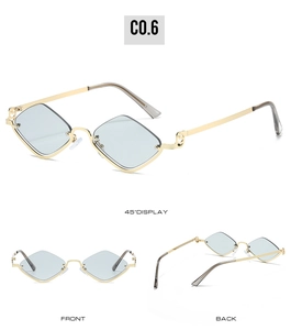 Detailed views of light blue diamond shaped sunglasses with a gold metal half-frame design