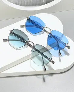 Detail of rimless geometric sunglasses with gradient lenses and slim metal temples