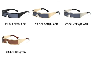 Dettaglio di quattro occhiali da sole futuristici stretti in nero, argento e finiture oro