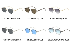 Collage of rimless polygon sunglasses showing six various color lens and metal frame options