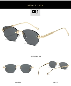 Detailed views of rimless polygon sunglasses with grey lenses and gold metal frames