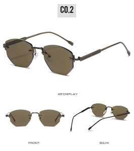 Detail view of rimless hexagonal sunglasses showing brown lenses and textured metal temples