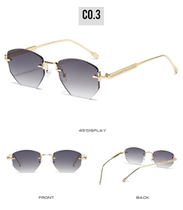 Detailed views of rimless polygon sunglasses with gold temples and grey gradient lenses