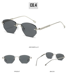 Detailed views of rimless polygon sunglasses with silver metal temples and grey lenses
