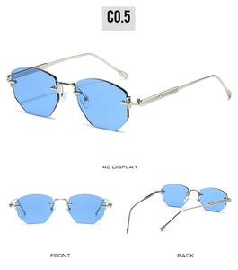 Detailed multi-angle views of rimless polygon sunglasses with light blue lenses