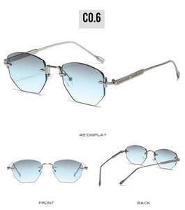Detailed views of rimless hexagonal sunglasses with gradient blue lenses and silver temples