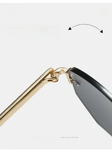 Detailed close-up of durable golden metal hinges on rimless polygon sunglasses