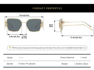 Detailed size chart for unisex gold metal star sunglasses showing frame dimensions and weight