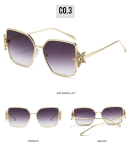 Three views of butterfly gold star sunglasses with purple gradient lenses and metal frame