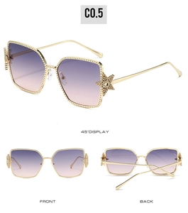 Multiple views of gold metal square sunglasses with star detail and purple gradient lenses