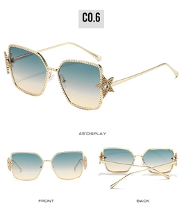 Three-view layout of gold square sunglasses featuring blue-yellow gradient lenses and star hinges