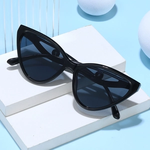 Classic black butterfly frame sunglasses with dark gray lenses on a minimalist display