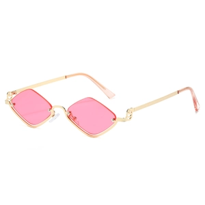 Retro semi-rimless diamond-shaped sunglasses with pink lenses and gold metal frame