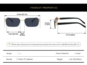 Detailed size specifications for rimless polygon sunglasses with metal frame and gray lens