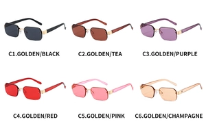Collage of rimless polygon sunglasses in six assorted colors with golden metal bridge