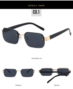 Multiple views of polygon rimless sunglasses with gold metal bridge and dark lenses