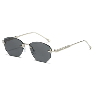 Modern rimless hexagon sunglasses with grey lenses and striped silver metal temples