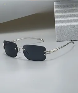 Detail der sternförmigen Metallnieten an einer randlosen Sonnenbrille mit dunklen Gläsern