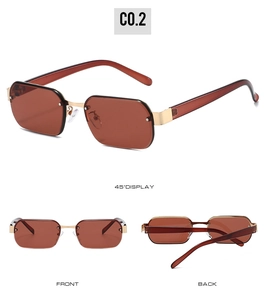 Detailed three-way view of rimless polygon sunglasses with brown lenses and gold frame