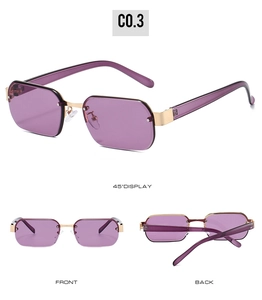 Detailed views of purple rimless rectangular sunglasses with gold metal accents and temples