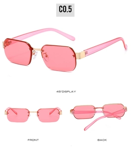 Detailed views of pink rimless polygon sunglasses with golden metal hinges and bridge