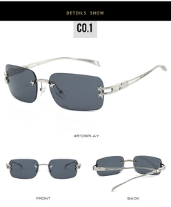 Detailsicht der randlosen Y2K Rechteck-Sonnenbrille mit Metallsternen und grauen Gläsern