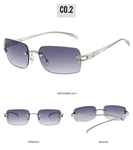 Detailansicht der Y2K randlosen Sonnenbrille mit lila Verlauf und Stern-Metall-Elementen