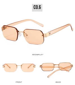 Three views of rimless polygon sunglasses with amber lenses and gold metal accents