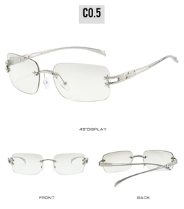Detailansicht der randlosen Stern-Sonnenbrille von vorne, hinten und im 45-Grad-Winkel