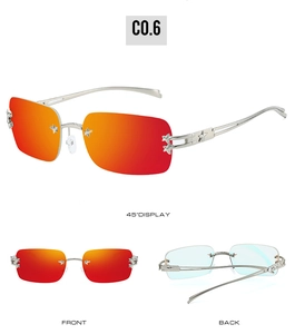 Drei Ansichten einer randlosen Stern-Sonnenbrille mit roten Gläsern und silbernen Bügeln