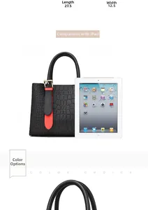 Detailed dimension chart of black embossed handbag showing 27.5cm length and iPad comparison