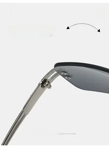 Detail eines Metallscharniers und grauer randloser Gläser an einer Sonnenbrille
