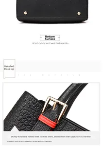 Detail of lychee pattern leather bag showing gold bottom studs and red stitched handles