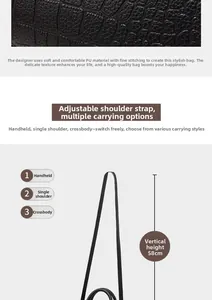 Detail of black crocodile pattern PU leather bag with 58cm adjustable shoulder strap