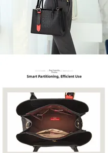 Detail view showing black crocodile texture handbag with red strap and inner compartments