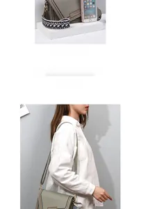 Gray PU crossbody bag size comparison with smartphone and model side-view display
