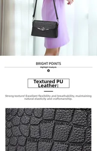 Detail view of black crocodile pattern PU leather shoulder bag with metal ring hardware