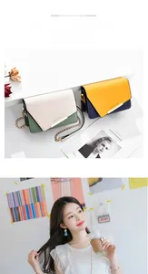 Détail de sacs bandoulière en cuir PU bicolore avec chaîne métallique et logo gravé