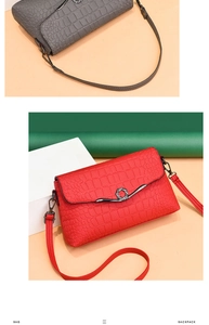 Detail of crocodile pattern crossbody bag with round metal buckle in red and grey