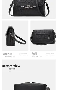 Detail view of black crocodile pattern shoulder bag showing side, back and bottom texture